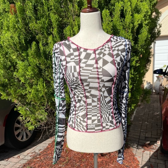 OMighty Mesh Long Sleeve Psychedelic Print Top Size Small - Picture 5 of 10